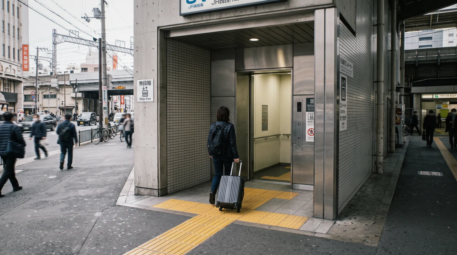 A step-free lift entrance and tactile paving on a wide subway platform with screen doors, barrier-free transport for accessibility in Osaka Japan
