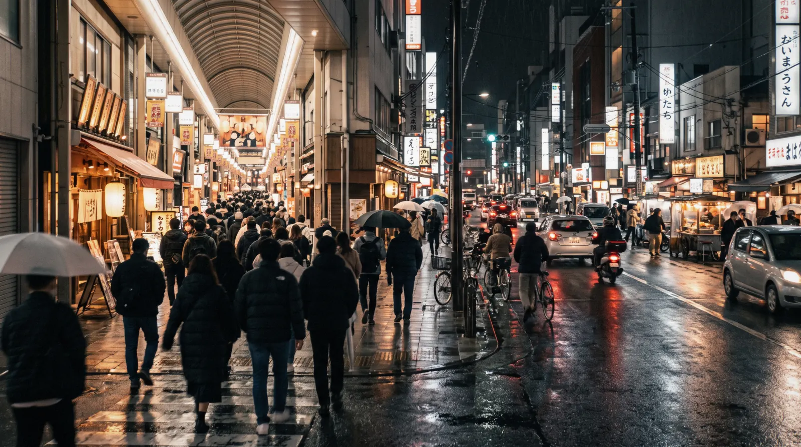 The crossing outside the Nankai terminal at 18:40 with commuters and shoppers under the arcade entrance, Namba Osaka Japan