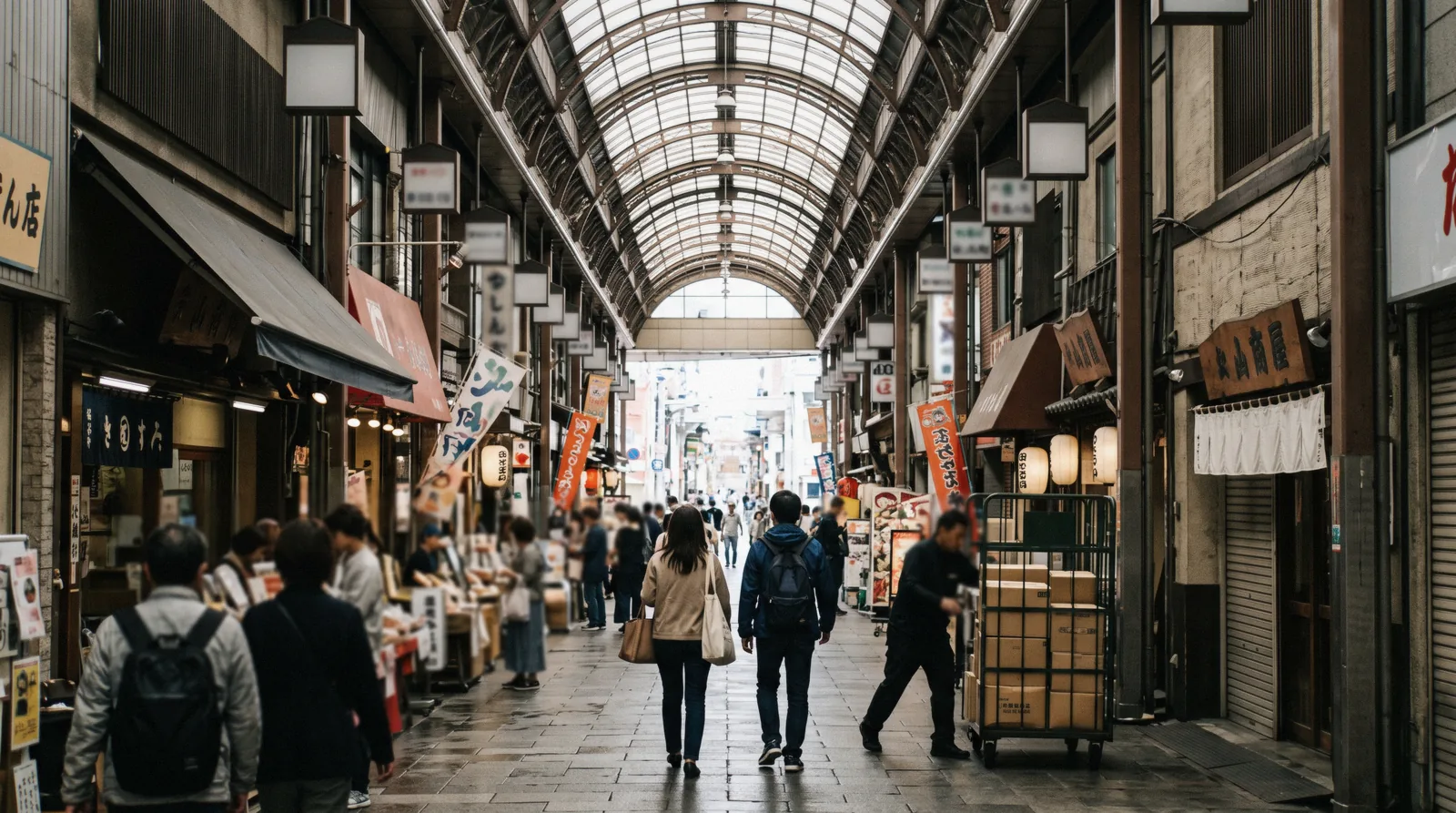 The roofed arcade of Shinsaibashi-suji with shoppers under its lit ceiling on a weekday morning, Osaka Japan