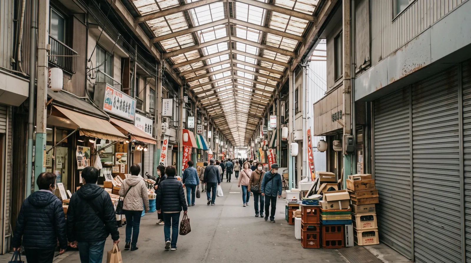 The covered arcade of Tenjinbashisuji running away into the distance past small shopfronts, Osaka Japan