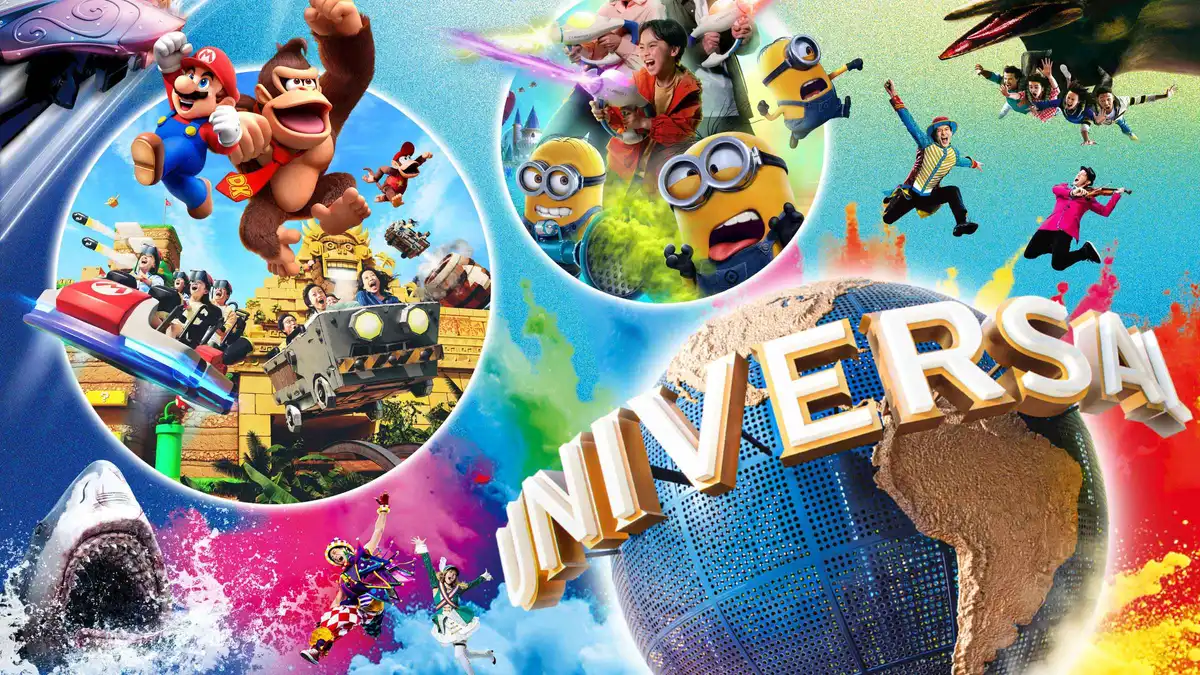 Visitors passing under the revolving globe at the park entrance on a Universal Studios Japan entry ticket, Osaka Japan