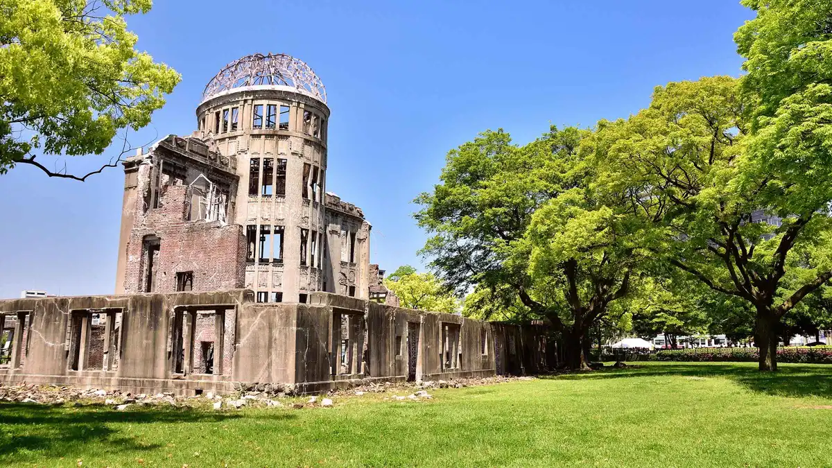 The Atomic Bomb Dome beside the river in Hiroshima on a bullet-train day tour from Osaka, Osaka Japan