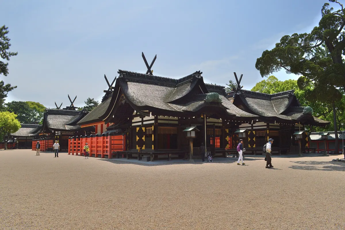 The Sumiyoshi-zukuri halls inside the precinct of Sumiyoshi Taisha, Osaka, Japan