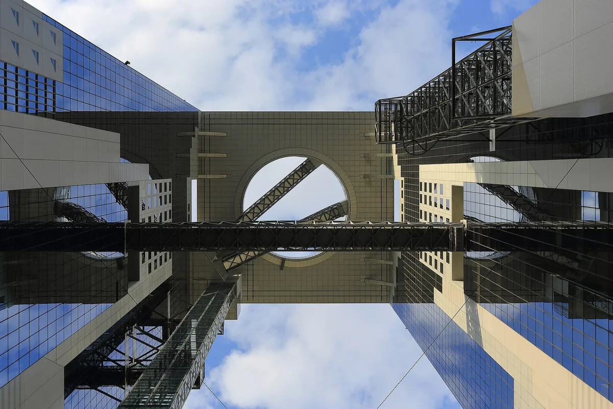 The twin towers and roof ring of the Umeda Sky Building, Osaka, Japan